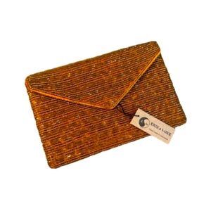 Small bronze orange/gold beaded envelope clutch made by Indonesian Artisans